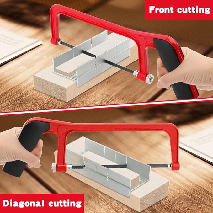 Mini Metal Mitre Box and Saw Set, 6 Inch Extra Fine Cut Hand Saw with 2 Hacksaw Replacement Blades & Gloves for Crafts, Hobby Projects, Cutting Wood, Soft Metal (Red)