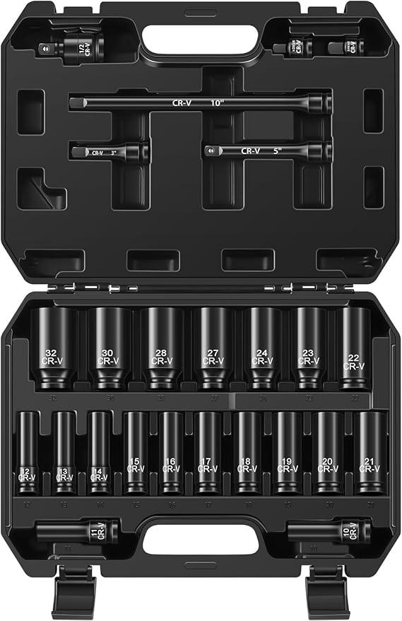 Aloanes 25-Piece 1/2" Drive Socket Set, Metric(10mm-32mm), Deep Sockets, 1/2" F to 3/8" M Reducer,3/8" F to 1/2" M Reducer, Universal Joint, Extension Bars, 6 Point, Cr-V