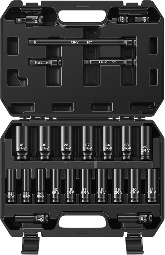 Aloanes 25-Piece 1/2" Drive Socket Set, Metric(10mm-32mm), Deep Sockets, 1/2" F to 3/8" M Reducer,3/8" F to 1/2" M Reducer, Universal Joint, Extension Bars, 6 Point, Cr-V