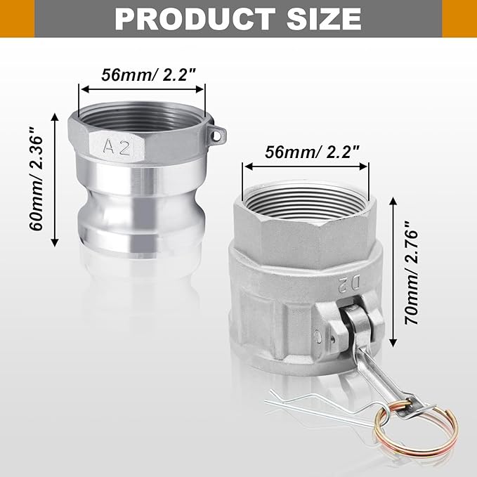 2" Cam & Groove Hose Fittings Kit, 2 PCS Aluminum Camlock Type D200 + 2 PCS Aluminum Cam Lock Fittings Type A200 with Sealing Gasket