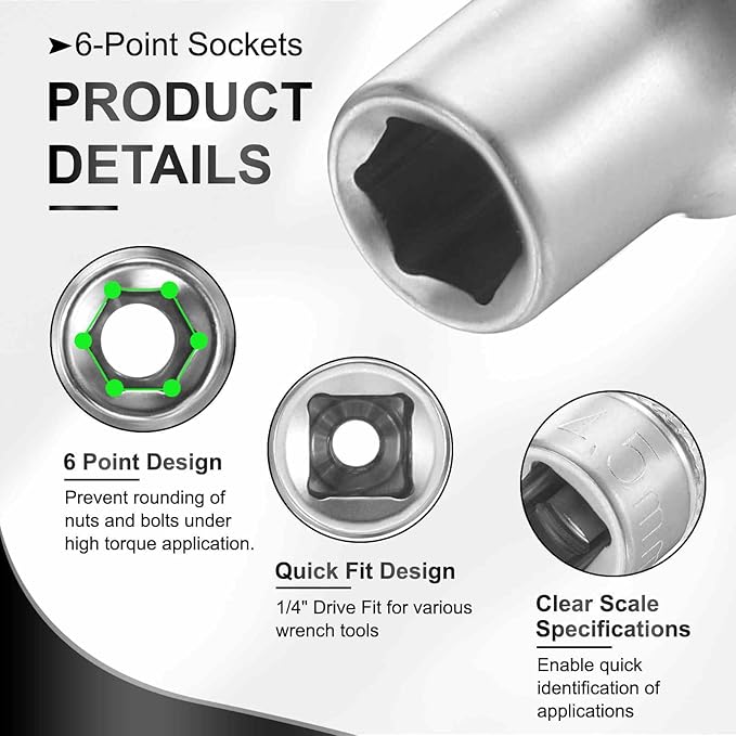 HARFINGTON 6 Points Deep Socket 1/4" Drive 4.5mm Deep Metric CR-V Steel Polished Nickel Plating Flip Sleeve 25mm / 1" Extra Long Socket Tool for Home Auto Nuts Bolts Repair