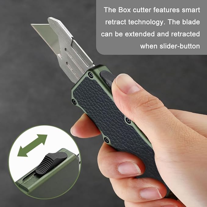 Aviation Aluminum Box Cutter Pocket Knife, EDC Auto Utility Knife Retractable, Replaceable Razor Blade Double Action Automatic Boxcutters With Clip, With 5pcs Spare Blades (Green-leahter)