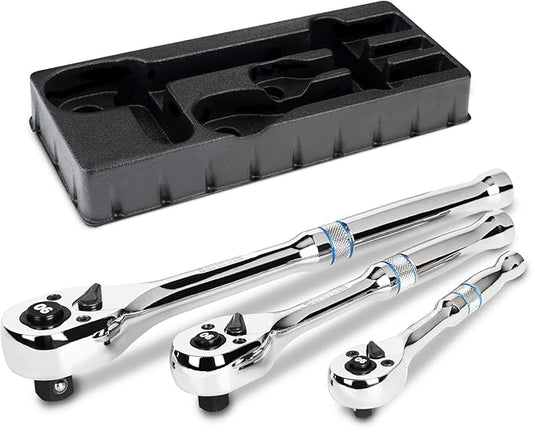DURATECH 3-Piece Drive Ratchet, 1/4", 3/8", 1/2" 90-Tooth Quick-Release Ratchet Wrench, Reversible, Cr-V Made, Full Polished - with Plastic Insert Storage Box, Gifts for Men, Women, Dad