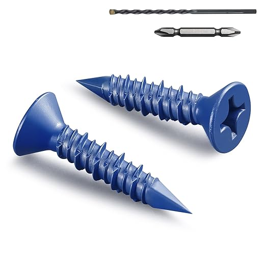 100Pcs 1/4 x 1-1/4 Inch Concrete Screws Anchor with Drill Bit, Blue Flat Head Masonry Brick Stucco Cement Block Screws, Diamond Point