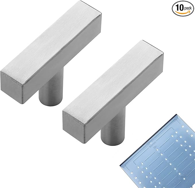 Ravinte 10 Pack Cabinet Knobs Brushed Nickel Cabinet Pulls 2 Inch Silver Cabinet Handles Single Hole Square T Knobs for Kitchen Cabinet Handles Satin Nickel Drawer Knobs Handles with Mounting Template