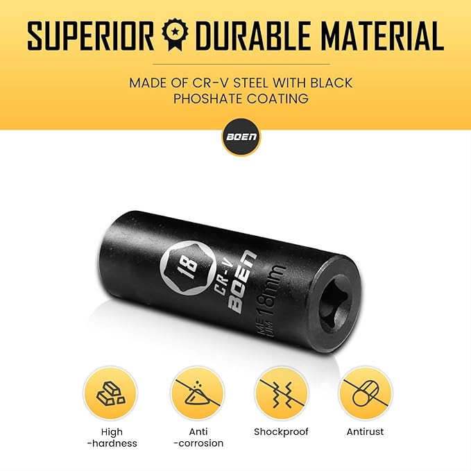 BOEN 1/2" Drive Deep Impact Socket,18mm Premium Socket,Metric,6 Point,Cr-V Steel with Laser Marking - Strong and Durable