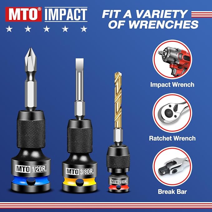 MTO 1/2 3/8 1/4-Inch Square Drive to 1/4-Inch Hex Socket Adapter, 3PCS Quick Release Impact Bit Holder, for Impact Wrench Ratchet, CR-MO