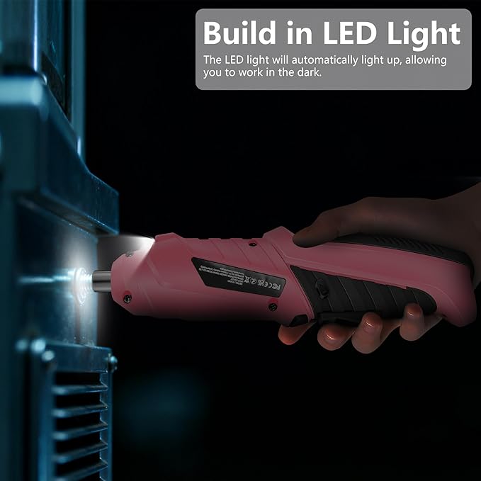 Cordless Electric Screwdriver Set 3.6V Rechargeable Small Power Drill, 3Nm Screw Gun with 2 Position Handle, LED Light, 14 in 1 Driver Bit Set, Pink & Black