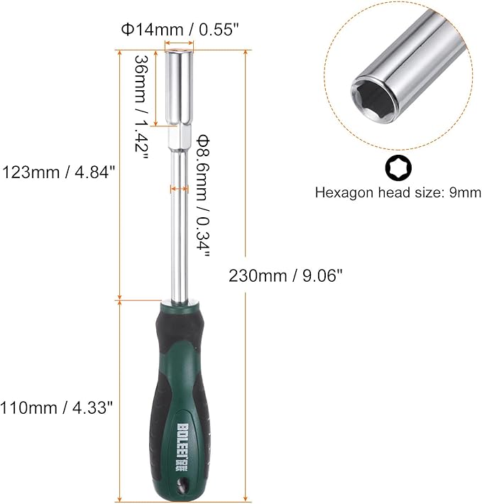 HARFINGTON Metric Nut Driver 9mm CR-V Non-Magnetic Tip Hollow Shafts Hex Socket Screwdriver with Non-Slip Handle for Automobile Repair