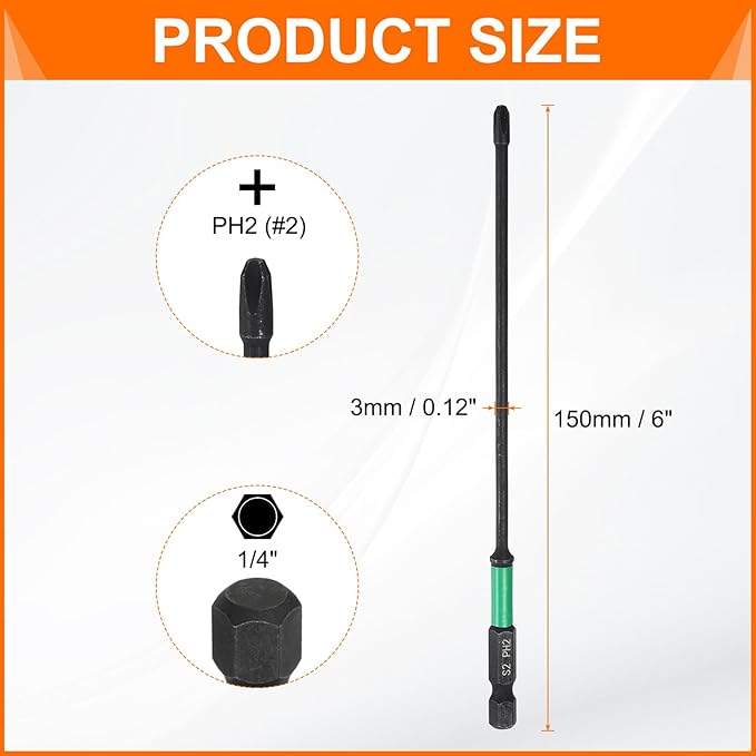 HARFINGTON 3pcs #2 Impact Phillips Screwdriver Bit PH2 1/4" Hex Shank 6" (150mm) Long 0.12" Rod Magnetic Cross Head Drill Bits S2 Steel Industrial Screw Driver for Impact Power Drivers