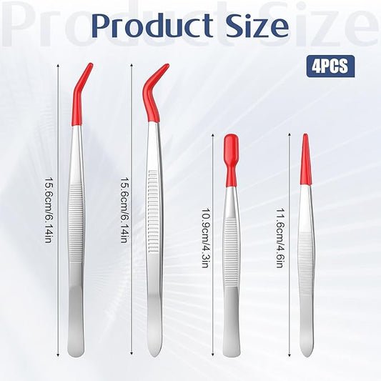 4 Pcs Tweezers with Rubber PVC Coated Set Precision Tweezers Straight Tip Rubber Flat Tip Long Bent Tweezer for Crafting, Jewelry, Electronics, and Lab Work