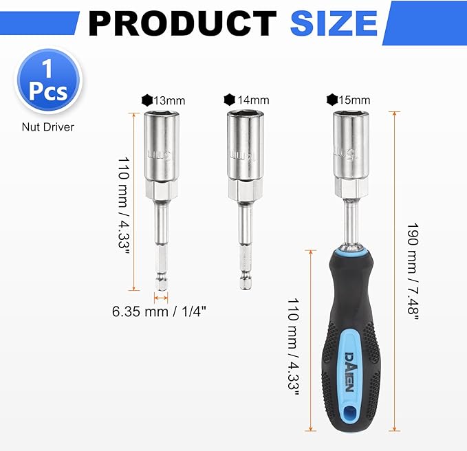 HARFINGTON Metric Nut Driver 13mm/14mm/15mm CR-V Non-Magnetic Detachable Tip Hollow Shafts Hex Socket Screwdriver with Anti-Slip Handle for Automobile Repair Bit Driver, Blue/Black