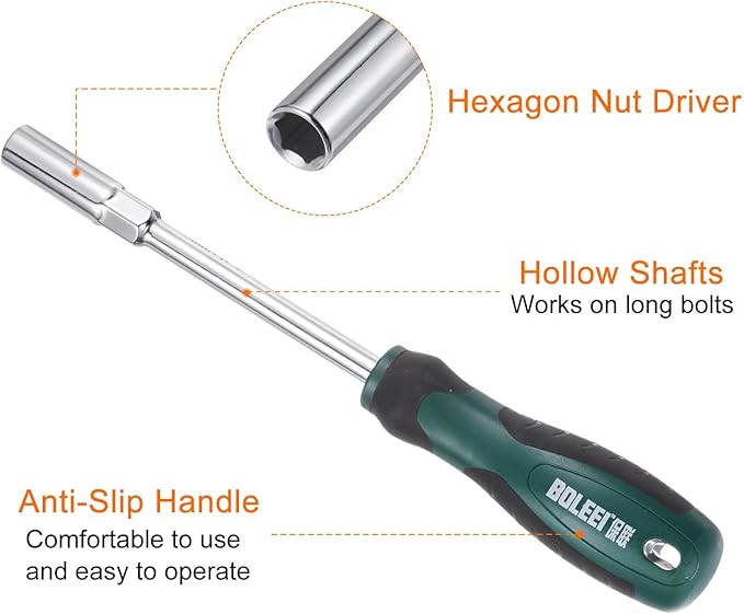HARFINGTON Metric Nut Driver 9mm CR-V Non-Magnetic Tip Hollow Shafts Hex Socket Screwdriver with Non-Slip Handle for Automobile Repair