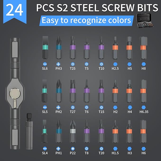 24-in-1 Magnetic Screwdriver Set - DIY Ratchet Screwdriver Kit with 24 Bits, Detachable Handle, & Precision Repair Tools for Furniture, Computers, Bikes (Black)