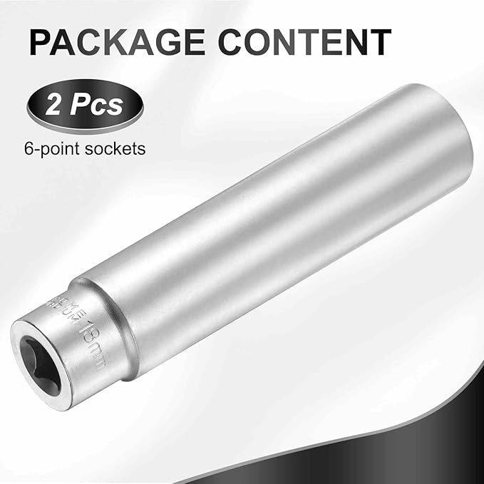HARFINGTON 2pcs 6 Points Deep Socket 3/8" Drive 18mm Deep Metric CR-V Steel Polished Nickel Plating Flip Sleeve 120mm / 4.7" Extra Long Socket Tool for Home Auto Nuts Bolts Repair