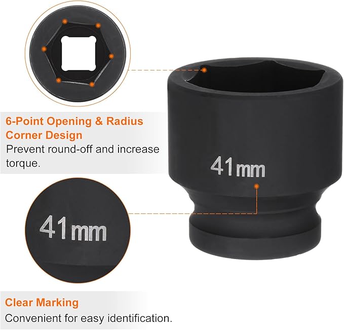 HARFINGTON 6-Point Impact Socket 3/4" Drive 41mm Metric 40Cr Alloy Steel Spindle Axle Nut Impact Socket