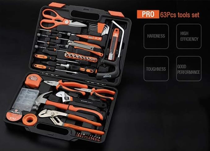 Edward Tools Harden 63 Piece Tool Set with Tool Box - Portably Handyman Tool Kit for Home, Dorm - Includes Essentials: Hammer, Screwdrivers, Wrenches, Pliers, Saw, Knife, Nails, Etc