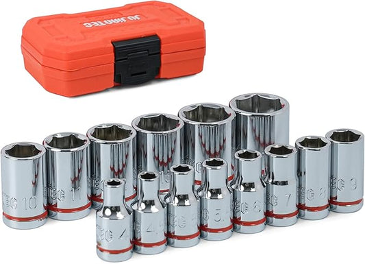 1/4" Drive Metric Master Socket Set, 14-Piece Shallow Hex Socket Set (4mm-15mm), Cover Most Commonly Sizes, 6 Point, Chrome Vanadium Steel with Molded Case