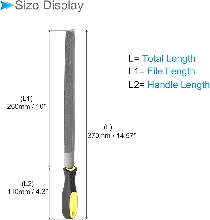 Half Round File, | 10 Inch File Length |, High Carbon Steel Medium Double Cut File Hand Rasp with Anti-Slip Grip Handle - (Applications: for Shaping Metal Wood Plastic), 1-Piece