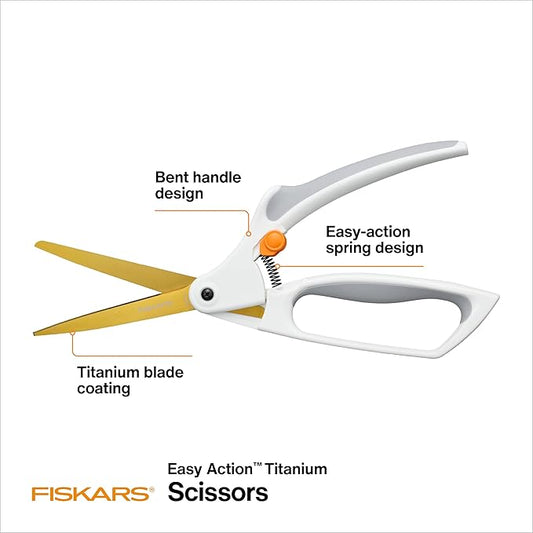 Fiskars Easy Action Titanium Scissors, Spring-Assisted, Precision Ground Stainless Steel Blades, 8in