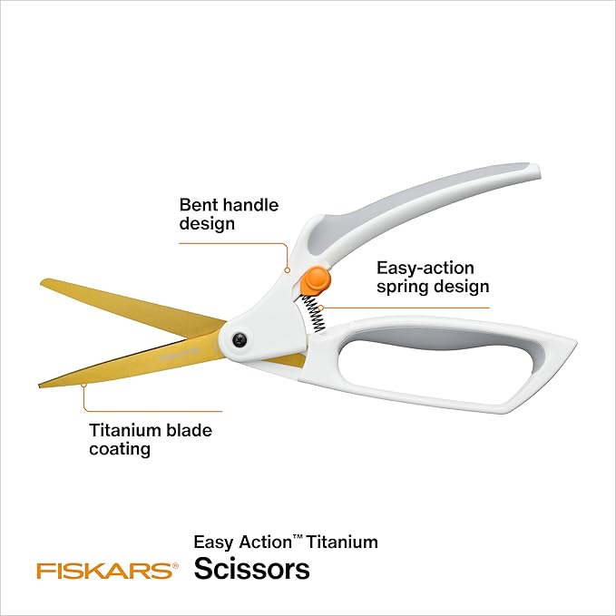 Fiskars Easy Action Titanium Scissors, Spring-Assisted, Precision Ground Stainless Steel Blades, 8in