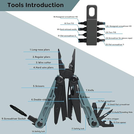 Multitool with Pocket Knife, 25-in-1 Stainless Steel Pliers and Screwdriver, Self-locking Multi-tool EDC Gear with Sheath, Suitable for Camping and Hiking (Greyblue)