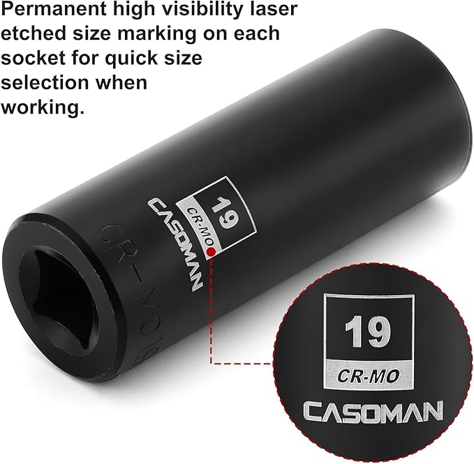 CASOMAN 1/2-Inch Drive x 19mm Deep Impact Socket, 6-Point, Metric, CR-MO