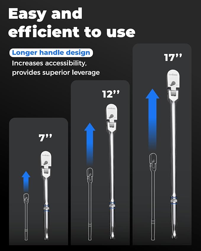 toolant 4Pcs Flex Head Ratchet Set, 1/4??3/8"&1/2" Drive Gear Wrench Compact Head Ratchet Wrenches, 90-Tooth Gear, 180째 Flex, 11 Positions, Longer Handle, 1.5X ASME Durability