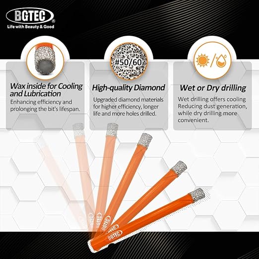 Dry Diamond Drill Bit Set,BGTEC 5pcs 1/4" 6mm Hole Saw for Granite,Marble,Masonry, Concrete, Tile/Ceramic, Glass, Hard Plastic,Vacuum Brazed Diamond Core Drill Bit Kit