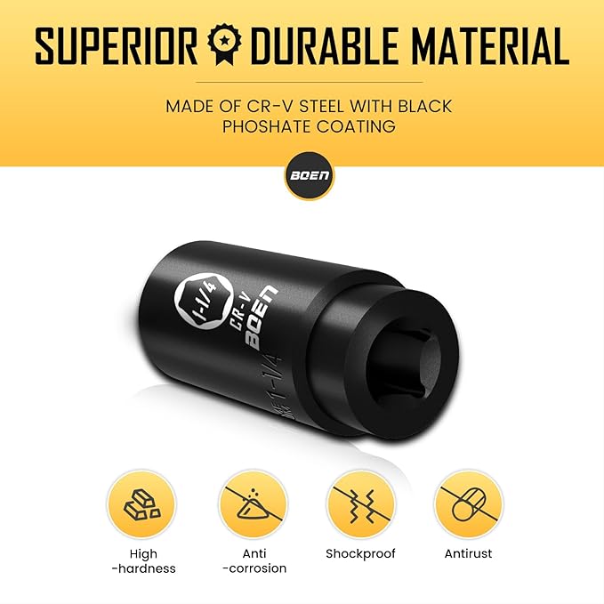 BOEN 1/2" Drive Deep Impact Socket,1-1/4 Inch Premium Socket,SAE,6 Point,Cr-V Steel with Laser Marking - Strong and Durable