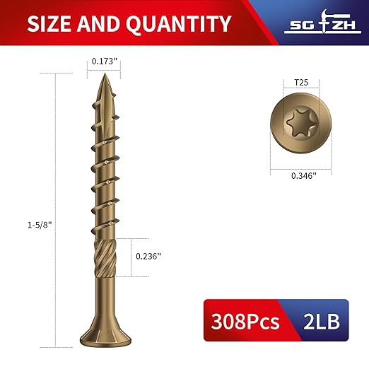 #8 x 1-5/8" Deck Screws (308Pcs) 2lb. Carbon Steel, Yellow, Flat Head, Rust Resistant epoxy Coated, with T25 Star Bit