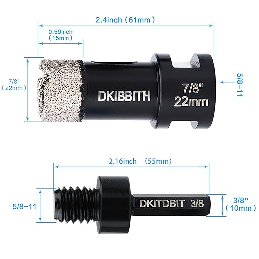 Dry Diamond Core Drill Bits 7/8 Inch, 22mm Tile Hole Saws for Porcelain Ceramic Tile Granite Marble Stone Brick, Diamond Hole Saw with 5/8-11 Thread and 3/8inch Hex Shank