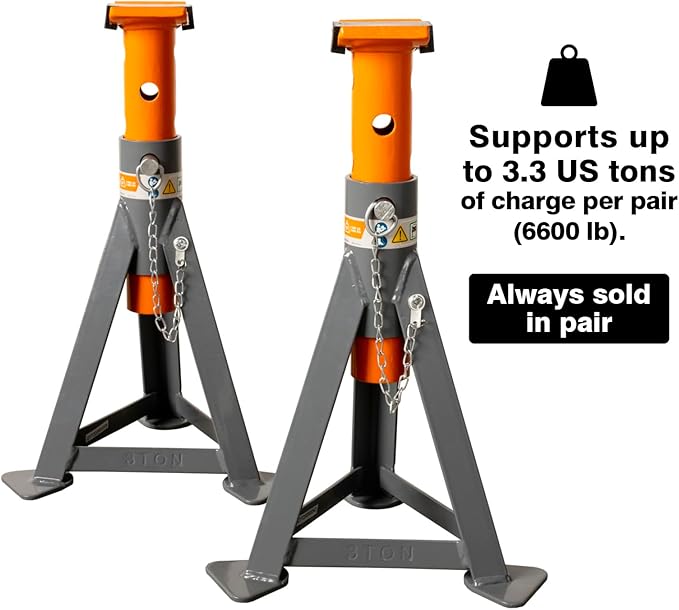 3.3-Ton Jack Stands (x2), Suited for Most Cars, SUVs and Pickup Trucks, Sold in Pair.
