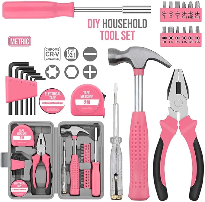 LIRFIX 24Pcs Pink Home Repair Tool Kit for Women - Compact Mini Starter Hardware Set with Hammer, Pliers, Screwdrivers - Portable Household Hand Tools, Ideal Christmas & New Year Gift for Ladies