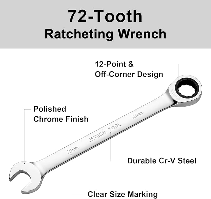 Jetech 21 mm Ratchet Wrench with Precision Ratcheting and Hardened,Industrial Grade Gear Spanner with 12-Point Design, 72-Tooth Ratchet, Chrome Vanadium Steel
