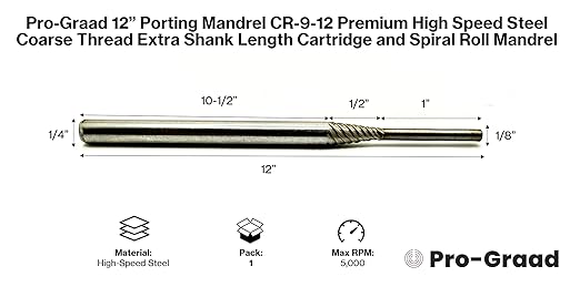Porting Mandrel 12", CR-9-12 Premium High Speed Steel Coarse Thread Extra Shank Length Cartridge & Spiral Roll Mandrel, 1/8" Pilot Diameter x 1" Pilot Length x 1/4" Shank x 12" Length