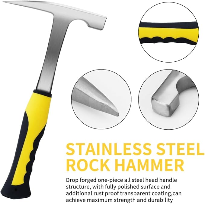 14 PCS Geology Rock Pick Hammer Kit, Gold Mining & Prospecting Equipment Tool, Musette Bag, 22oz Hammer & Digging Chisels, Shovel, Magnifying Glass, Whistle, Goggles