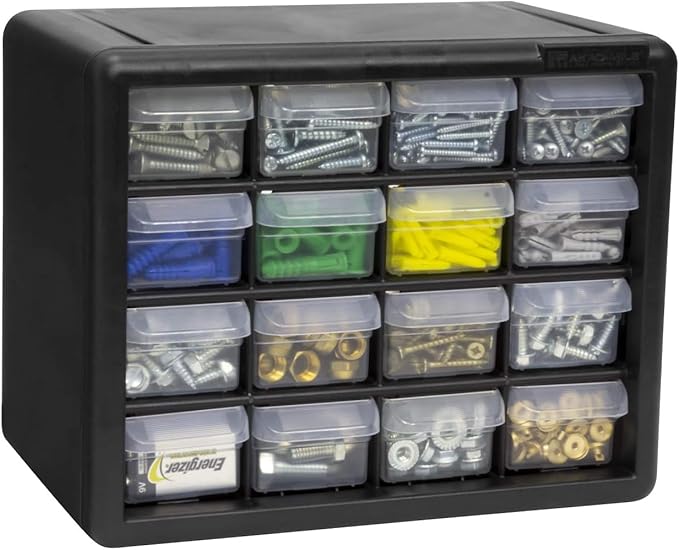 Akro-Mils 16-Drawer Plastic Cabinet for Garage Organization, Beads, Makeup Organizer, Building Bricks Storage, Teacher Toolbox, 10-1/2" W x 6-1/2" D x 8-1/2" H, 10716 Black (Pack of 4)