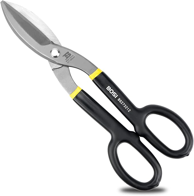 Tin Snips 12 Inch Flat Blade Metal Cutters Straight Shears Heavy Duty Drop Forged Carbon Steel Blade with Comfortable Rubber Dipped Handle for Cutting Sheet Metal