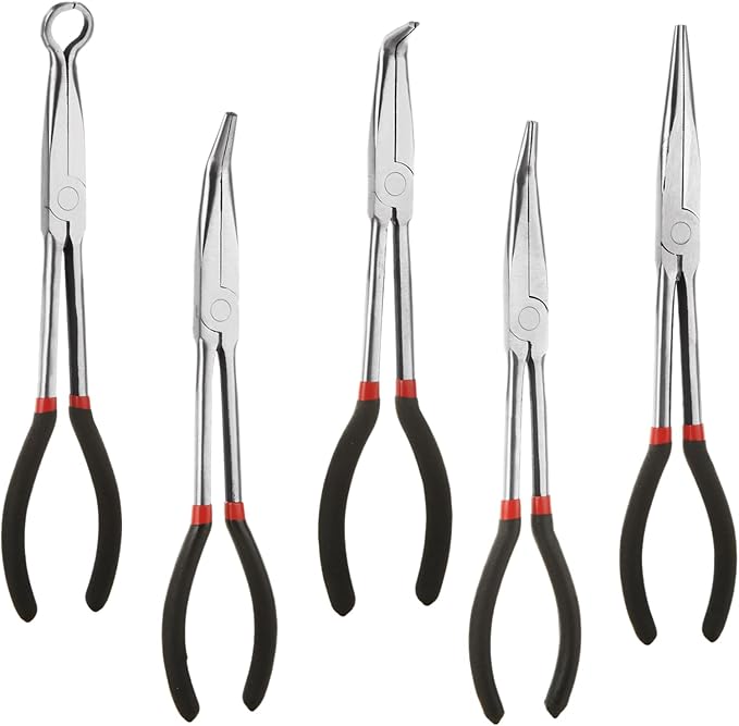 RHBLME 5 Pack Needle Nose Pliers Set, 11 Inch Long Needle Nose Pliers Set, 11" Long Reach Straight Pliers, 45/90 Degree Bent Nose Pliers,Diagonal Pliers and O-shape Tip Craft Repairing Tool