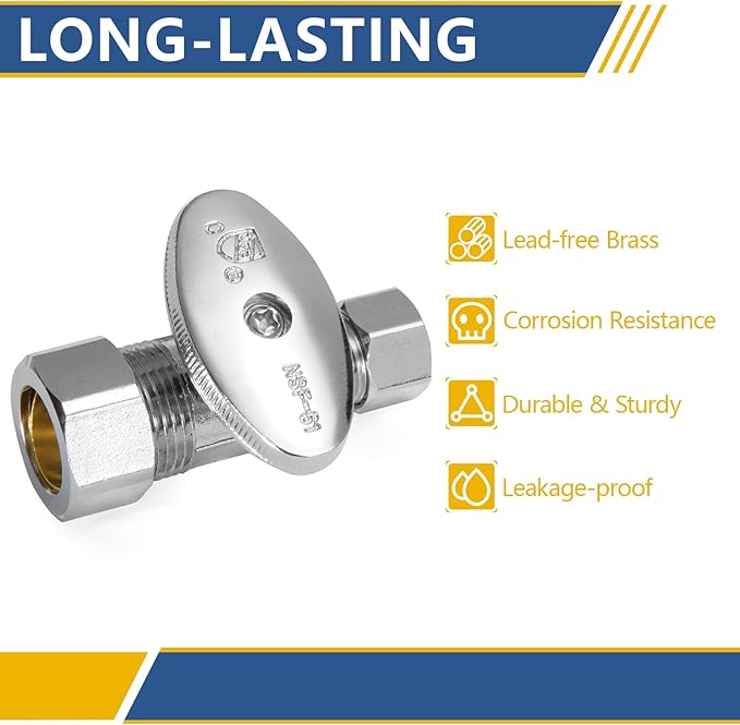 Straight Stop Valve,1/2" Nominal (5/8" OD) Compression x 3/8" OD Straight Shut-off Valve with 1/4 Turn on/off (Pack of 10)(VALVE122)