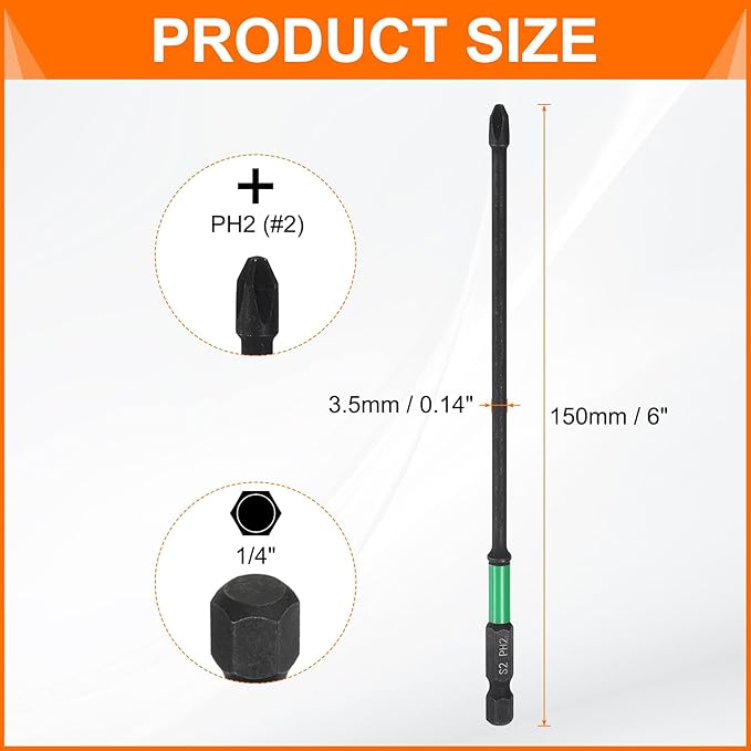 HARFINGTON 3pcs #2 Impact Phillips Screwdriver Bit PH2 1/4" Hex Shank 6" (150mm) Long 0.14" Rod Magnetic Cross Head Drill Bits S2 Steel Industrial Screw Driver for Impact Power Drivers