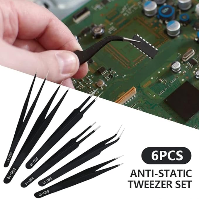 Precision Tweezers Set - 6PCS Anti Static ESD Industrial Tweezers Kit Matte Black, Fits for Electronics Repair, Soldering, Craft, Laboratory Work