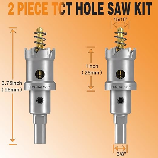 2-Pack 15/16" TCT Hole Saws for Hard Metal, Heavy Duty 24mm Tungsten Carbide Tipped Hole Cutters Set with Spring-Loaded Pilot Drill Bits for Stainless Steel, Metal, Iron, and Plastic.