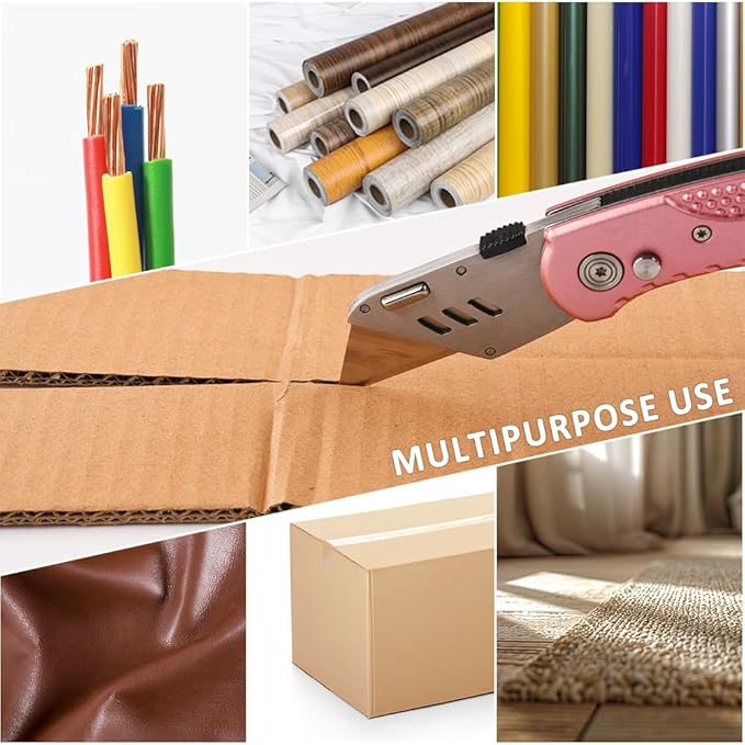 Box Cutter, Folding Utility Knife with Aluminum Handle, Heavy Duty Knife, Back-lock Mechanism, Stainless Belt Clip, for Carpet, Carton, Box, Cardboard, with 5-piece Extra Blades (Pink)