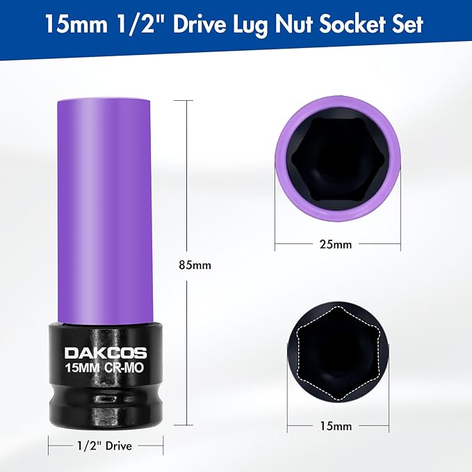 15mm Impact Lug Nut Socket, 1/2 inch Drive, With Protective Sleeves,CR-MO