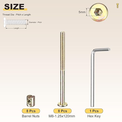 METALLIXITY Crib Screws Replacement Set(M8-1.25x120mm) 16Pcs, Connector Bolt M8 Screw Barrel Nuts Binding Screws, for Chair Cabinet Bed, Yellow