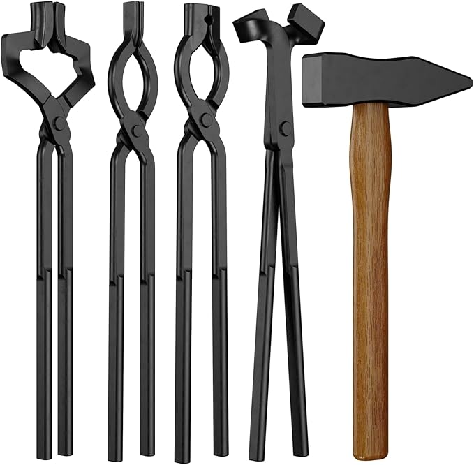 Blacksmith Tongs Set,5PCS Blacksmith Forge Kit for Beginner and Seasoned Blacksmiths, Craftsmen and Bladesmiths
