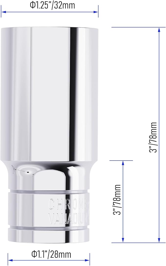 23mm Deep Socket, 1/2 Inch Drive, 6-Point, Metric, Heat Treated CR-V Steel Sockets, Full Polishing, 3.1 Inch Length
