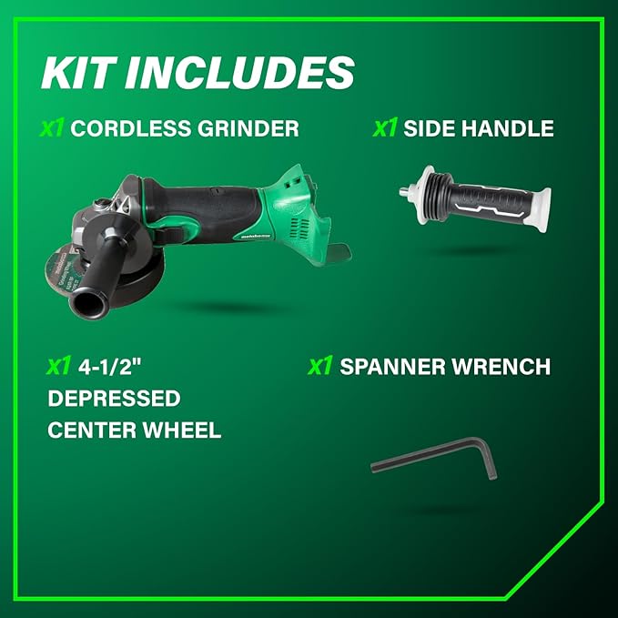 Metabo HPT 18V MultiVolt 4-1/2 Inch Slide Switch Power Angle Grinder Kit, High Torque Motor Power Tool with Battery Charge Indicator, Soft Grip Handle, Safety Features, G18DSL2Q4
